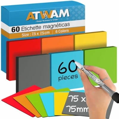 Imagen de ATWAM 60 Tiras Magnéticas Reescribibles 75 x mm 6 Colores Scrum &amp; Kanban Imán Reescribible para Pizarras Magnéticas, Neveras