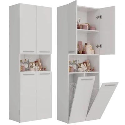 Imagen de BDW armario para baño, cesta la colada, 2 puertas, 174 x 60 30 cm, bajo el lavabo, alto, mueble de alto estantería baño (blanco)
