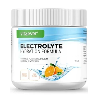 Imagen de Electrolitos 400 g (80 raciones) Fórmula hidratante con cloruro, potasio, sodio, calcio, magnesio Perfecto para deportistas pérdida de líquidos Sin azúcar Vegano Sabor Naranja