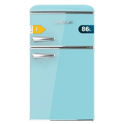 Imagen de Cecotec Nevera Pequeña Frigorífico 2 Puertas Retro 86L Bolero CoolMarket 2D Origin 86 Blue E. 89,3cm de Alto y 48,7cm Ancho, Clase Energética E, Icebox, Luz Interior Tirador Cromado, Azul