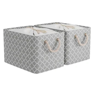 Imagen de OUTBROS 3 PCS Cesta de almacenamiento grande,40 x 30 26 cm caja plegable tela con asas transporte y cubierta cordón para toallas, ropa, Linterna