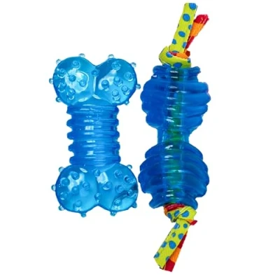 Imagen de Petstages Mini Orka Chew Pair Juguetes para morder Perros Hueso y mancuerna Azul Real Pack de 2