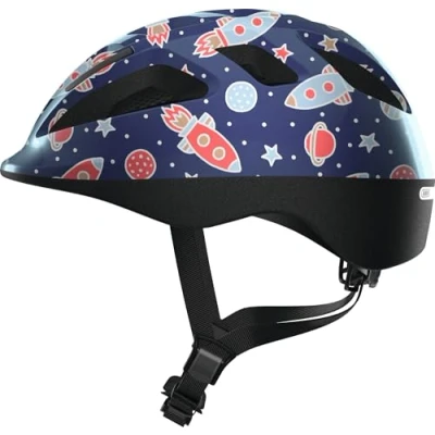 Imagen de ABUS Casco infantil Smooty 2.0 de ciclismo robusto para niños pequeños en el asiento del copiloto niñas y Azul con dibujo cohetes, talla S