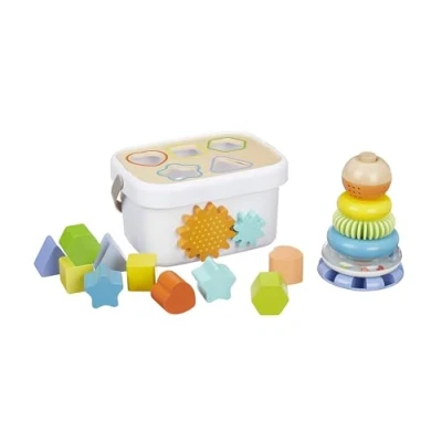 Imagen de Amazon Basics Set de juguetes clásicos madera con clasificador formas y apilador arcoíris, Multicolor