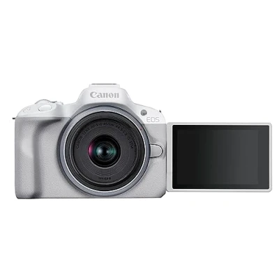 Imagen de Canon EOS R50 Cámara Mirrorless + Objetivo RF S 18 45 mm F4.5 6.3 IS STM, Evil APS C (24,2 MP) 4 EV, Vídeo 4K 30 fps, Dual Pixel CMOS AF II, Pantalla Táctil de Ángulo Variable, Blanco