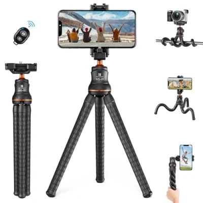 Imagen de K&amp;F Concept Trípode para Móvil, Flexible Cámara con Mando a Distancia Bluetooth, Compacto Teléfono Móvil y Soporte Giratorio de 360 Teléfonos Móviles, Cámaras Gopro