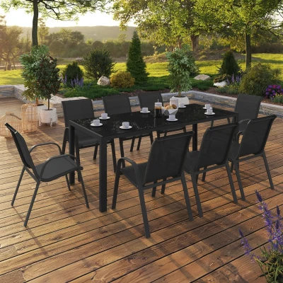 Imagen de Muebles de jardín negro 190cm mesa y 8 sillas apilables