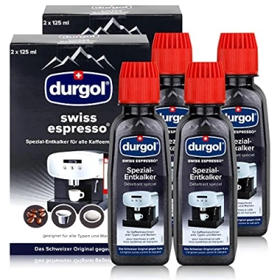 Imagen de durgol Descalcificador especial de wiss espresso Eliminador cal para cafeteras todo tipo y tipos, fácil limpieza sin tiempo exposición ni residuos, versión alemana, 4 x 125 ml