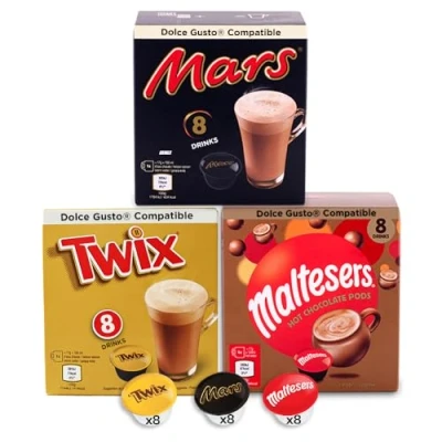 Imagen de 24 Dolce Gusto Compatibles Cacao Cápsulas Hot Chocolate Pod Mars, Twix, Maltesers (8 cada uno)