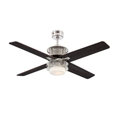 Imagen de Westinghouse. Ventilador de techo Oscar para interiores, níquel cepillado, 122 cm, con mando, luminaria led regulable cristal ópalo esmerilado