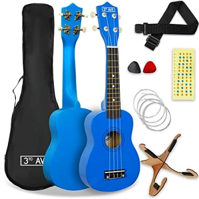 Imagen de 3rd Avenue Pack de ukulele soprano para principiantes 21 pulgadas Con funda, soporte, correa, cuerdas, púas y marcadores adhesivos el diapasón Azul