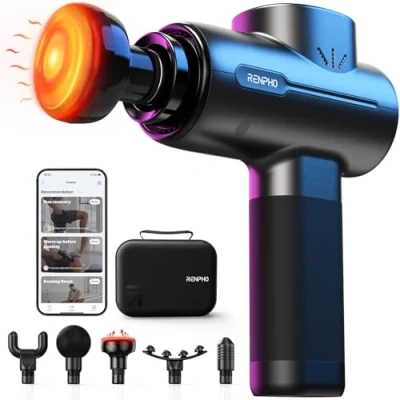 Imagen de pistola de masaje con Función Calor y Bluetooth, RENPHO Massage Gun compatible APP, Muscular Carga tipo C, Pantalla LED, para Recuperación Relajación