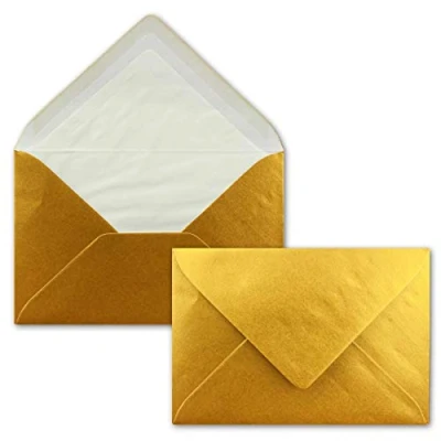Imagen de 25x Sobres en color oro metálico brillante DIN C6 forrado con papel tisú blanco 90 g/m² 11,4 x 16,2 cm cola húmeda para tarjetas de felicitación e invitaciones NEUSER PAPIER