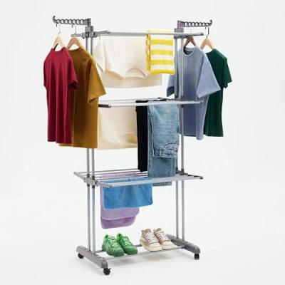 Imagen de Amazon Basics Tendedero tipo torre, para interior, con alas plegables, Plateado, 126 x 64 173 cm (L W H)