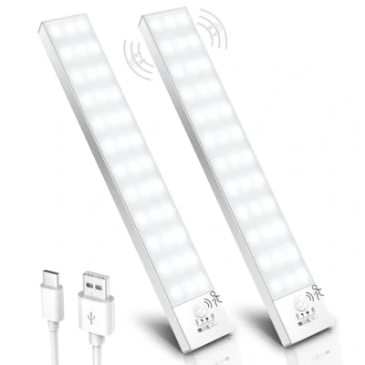 Imagen de Ylatoial Luz LED Armario con Sensor Movimiento, 23CM Cocina Bajo Mueble 5000K USB Recargable 1000mAh, Adhesiva para Cocina, Armario, Escalera, Pasillo, Garaje 2 Piezas