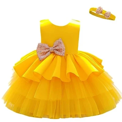 Imagen de Lito Angels Vestido de Dama Honor Boda Fiesta Elegante con Diadema para Niñas Pequeñas Talla 3 4 años, Amarillo (Número Etiqueta 100)
