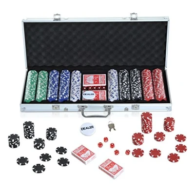 Imagen de HOMCOM Maletín de Poker Profesional Aluminio con 500 Fichas Juego Set Casino 5 Dados 2 Barajas Cartas y 1 Ficha Crupier 55,5x22x6,5 cm Multicolor