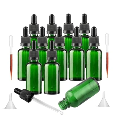 Imagen de Bakiauli Botellas de vidrio para aceites esenciales,12 piezas Botella vacía recargable 30 ml con gotero y tapas(Verde)