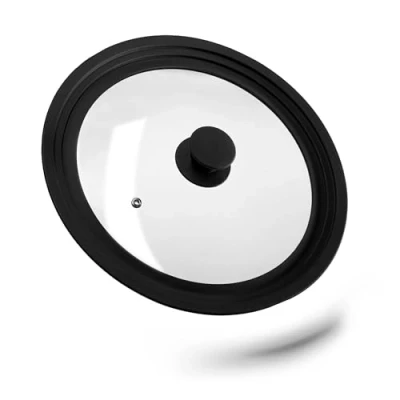 Imagen de Relaxdays 10027989_46 Tapa Sartén Universal, Tapadera Olla, 26 30 cm, Práctica, Borde de Silicona, Cristal, 1 Ud, 5x31,5 Negro, Vidrio