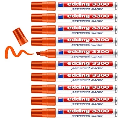 Imagen de edding 3300 marcador permanente naranja 10 rotuladores punta biselada 1 5 mm indeleble de secado rápido resistente al agua y a los borrones cartón, plástico, madera, metal, tela universal
