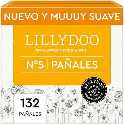 Imagen de Pañales LILLYDOO delicados con la piel talla 5 (11 16 kg), caja mensual (132 unidades), protección contra fugas, suaves, sin perfumes ni lociones y dermatológicamente probados