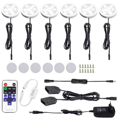 Imagen de AIBOO LED Cocina Regulable Debajo de La Luz del Gabinete con Control Remoto Inalámbrico por RF, Iluminación Empotrada en LED, 6 Paquetes Luces 12V12W Pantalla(Blanco Frio 6000K)