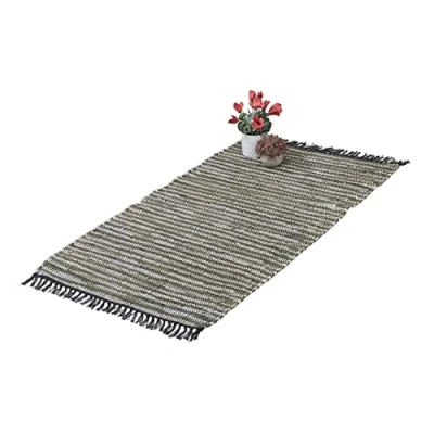 Imagen de Relaxdays retales Alfombra de Pasillo con Flecos, 70 x 140 cm, Algodón y Cuero, Antideslizante, Retazos, Verde, Piel auténtica