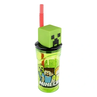 Imagen de POS 33198 Vaso para niños con pajita y tapa, transparente, incluye figura 3D en diseño Minecraft, aprox. 360 ml, sin BPA ni ftalatos