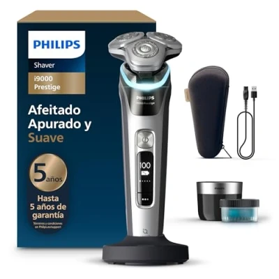Imagen de Philips i9000 Prestige, Afeitadora Eléctrica Hombre, Máquina de Afeitar Barba en Seco y Mojado, Tecnología SkinIQ, Base Carga, Recargable, Estuche Viaje, Centro limpieza, XP9205/30