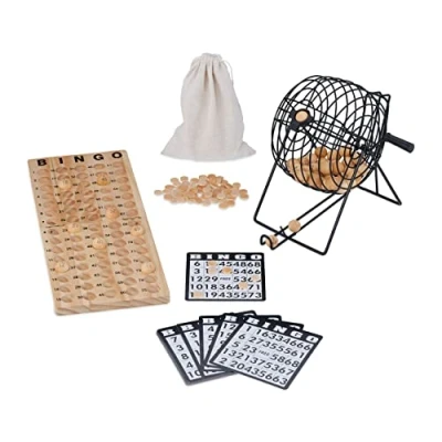 Imagen de Relaxdays Juego de Bingo Completo, con Bombo, 75 Bolas, 18 Cartones, 150 Fichas y Contador, Madera, Natural Negro, Hierro, 24,5 x 23 30 cm