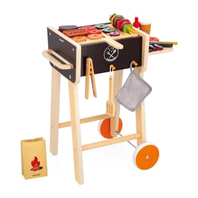 Imagen de Janod Barbacoa de Madera Juguete Imitación Cocina y Vajilla Infantil 57 Accesorios incluidos 2 Ruedas Silenciosas A Partir 3 Años, J06619