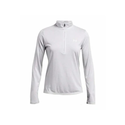 Imagen de Under Armour Tech 1/2 Zip Twist camiseta de manga larga para mujer, cómoda con cremallera media, color gris halo/blanco