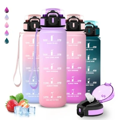 Imagen de Botella Agua 1 litro Gimnasio, A Prueba de Fugas, Cantimplora con Pajita, Water Bottle Escala Tiempo, Reutilizable, para la Escuela, Fitness, Correr, Acampada, Deportes, Yoga