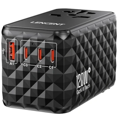 Imagen de LENCENT Adaptador Enchufe Universal GAN III 120W, Cargador Internacional con 1 USB A &amp; 3 C PD, de Viaje Carga Rápida para Móviles, Tabletas, Portátil, UK,EU,AU,US, Negro