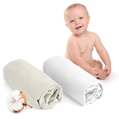 Imagen de Juego de 2 Sabanas Cuna 60x120 Algodon Ajustables Oeko Tex Certificado Blanco Y Beige Sabana Bajera 100% Jersey