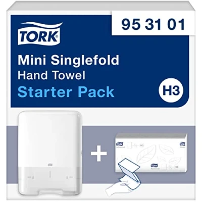 Imagen de Tork Mini Singlefold Hand Towel Starter Pack 953101,Diseño de imagen Dispensador papel H3 Singlefold/C fold en diseño elevación+ Recambio toallas mano (250 hojas) Delgado,Higiénico,Blanco