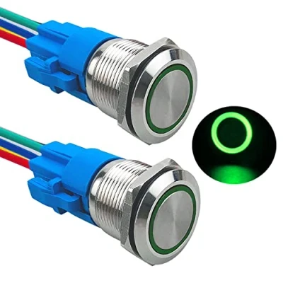 Imagen de Aiqeer 2 Piezas 19 mm Interruptores de Botón Momentáneo, 12V / 24V 5A Interruptor LED Verde, Pulsador Metálico Impermeable, con Enchufe Precableado