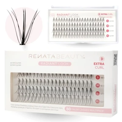 Imagen de Renata Beauty RADIANT Look Abanicos de Pestañas Postizas Individuales [D Curl] Multipack 80 Reutilizables 10 13mm Efecto Mirada Radiante Natural Tecnología Banda Invisible