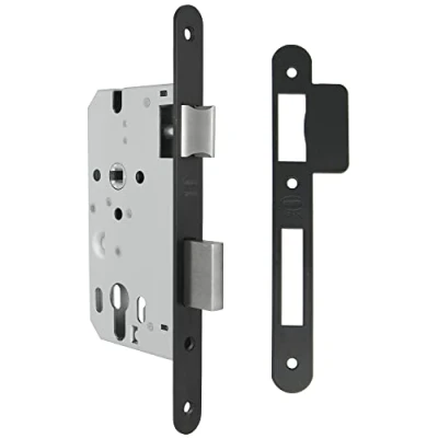 Imagen de Amig Cerradura de Embutir para Puertas Madera Con Paletón Cierre Frente y Soporte en Canto Redondo Entrada 50 mm Picaporte reversible Acero Negro Mate 230