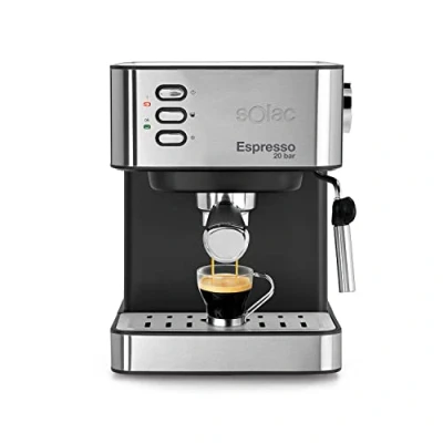 Imagen de Solac Cafetera Espresso INOX 2en1 20 Bar Sistema Doble Salida y Super Crema Bandeja Calientatazas Vaporizador Orientable 1.2L Apto Cápsulas Café Molido Apagado automático