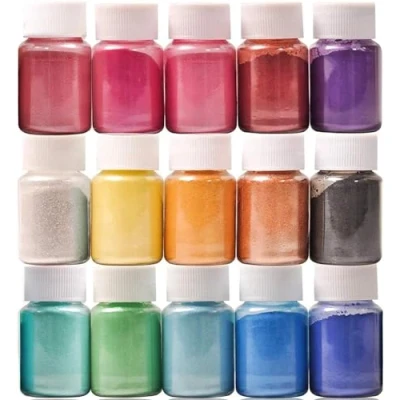 Imagen de DEWEL Polvo de Mica 15 Colores, resina epoxi Manualidade, Tinte Jabón Natural, kit para DIY, bombas baño, velas, maquillaje, uñas y otras manualidades
