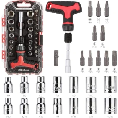 Imagen de Amazon Basics Juego de destornillador y llave carraca en T, magnético, Paquete 27