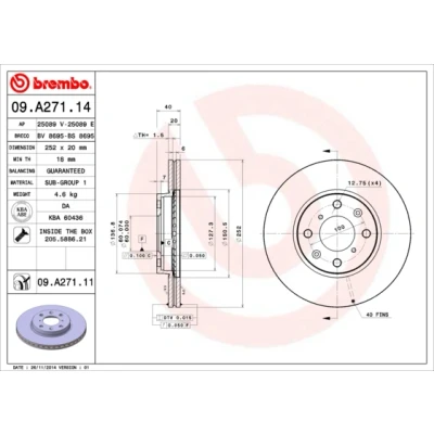 Imagen de BREMBO 09.A271.14 Disco de freno 252 20 4 ventilación interna con tornillos SUZUKI: SWIFT 3, Splash, OPEL: Agila B