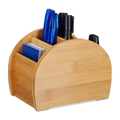 Imagen de Relaxdays Organizador de escritorio, Cuatro compartimentos, Lapicero, Bambú, Marrón