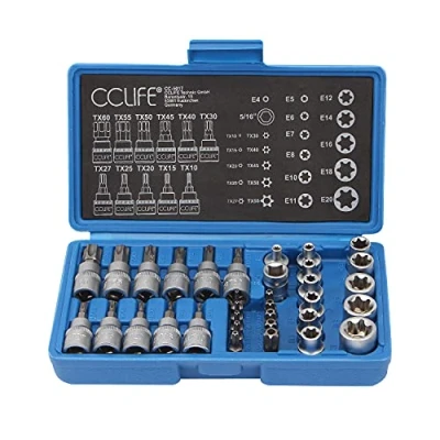 Imagen de CCLIFE 34 piezas Juego de Llaves Vaso Torx E4 E20 Tuercas T10 T60 Acero S2