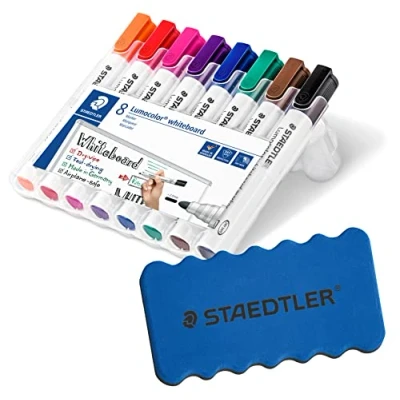 Imagen de Staedtler Lumocolor 351 WP8 Rotulador para pizarra blanca, punta redonda, 2 mm, caja de 8 colores, incluye borrador