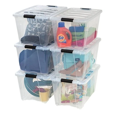 Imagen de IRIS USA Contenedor organizador de plástico 53 cuartos galón con tapa duradera y hebillas cierre seguro, apilable encajable, paquete 6 unidades, transparente hebilla negra