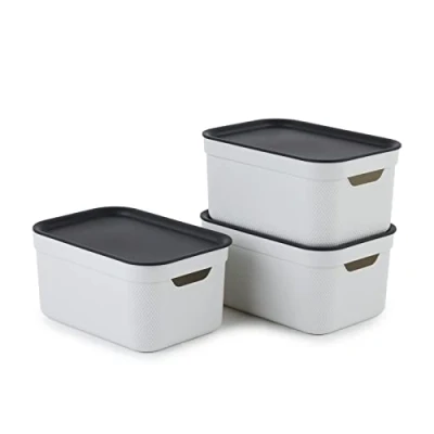 Imagen de Jive Dekobox Juego de 3 cajas almacenamiento 5l con tapa, Plástico (PP reciclado), blanco/antracita, 3x5l (26.5 x 18.5 13.2 cm)