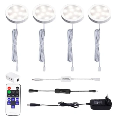 Imagen de AIBOO LED Cocina Debajo de La Lámpara del Gabinete con Control Remoto Inalámbrico RF, Iluminación Empotrada Ultradelgada Redonda, 4 Packs Luces para Escaparate 12V 8W(Blanco Natural 4000K)