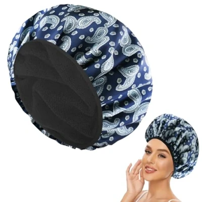 Imagen de Gorro Ducha Mujer,Gorro de Satén Triple Capa,Shower Cap Extragrande,Gorro Impermeable con Forro Microfibra,Gorro para Todas las Longitudes Cabello (Estampado Azul)